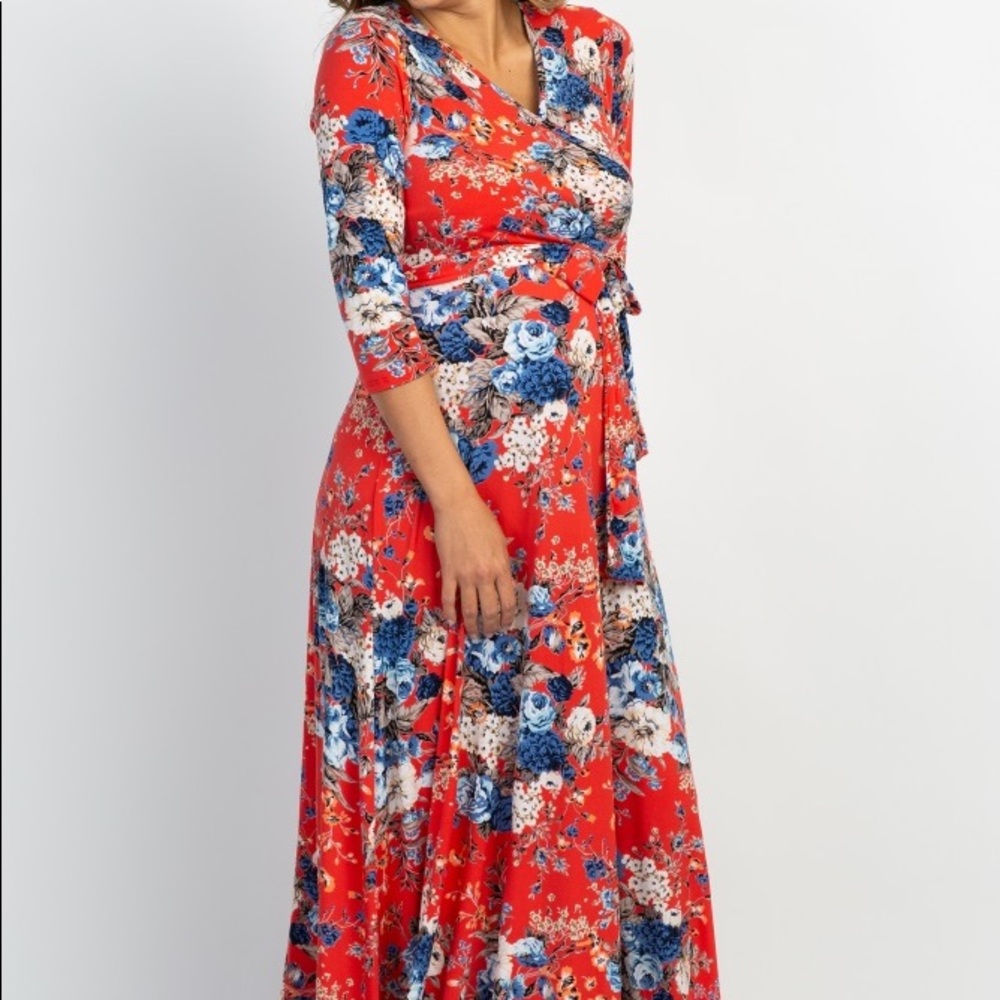 Red Floral Sash Tie Maternity/Nursing Maxi Dress